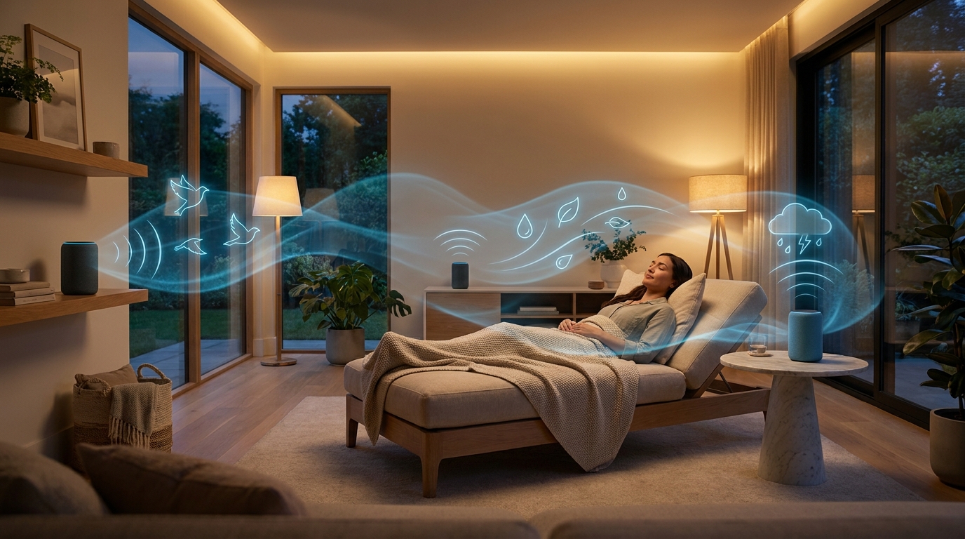 One relaxing room with three Amazon Echo speakers — shared masking waves fill the space while birdsong comes from one direction, distant thunder from another, and water from a third, creating an immersive surround soundscape