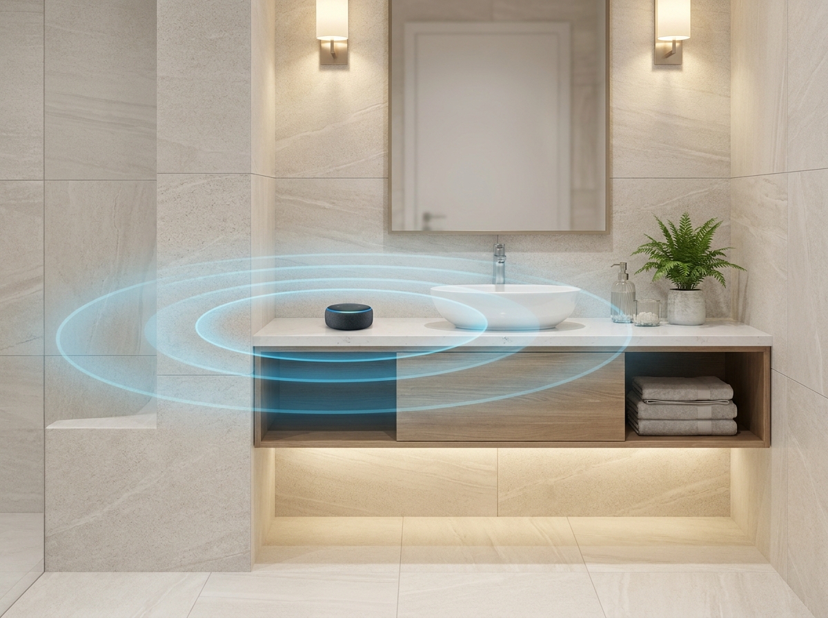 Amazon Echo Dot on a bathroom vanity emitting gentle blue sound ripples for privacy