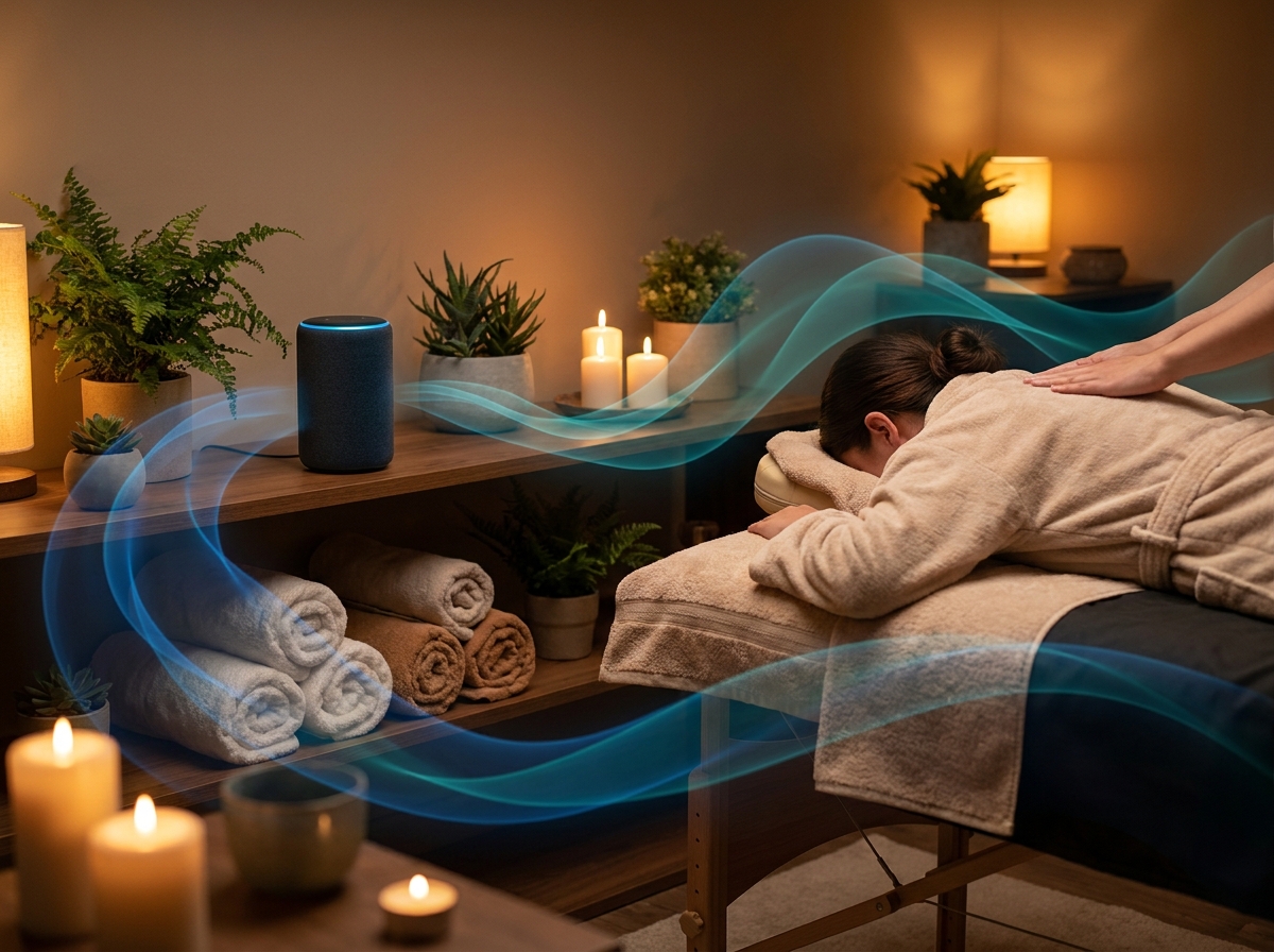 Warm spa massage room with an Amazon Echo speaker filling the space with soothing blue-teal sound waves