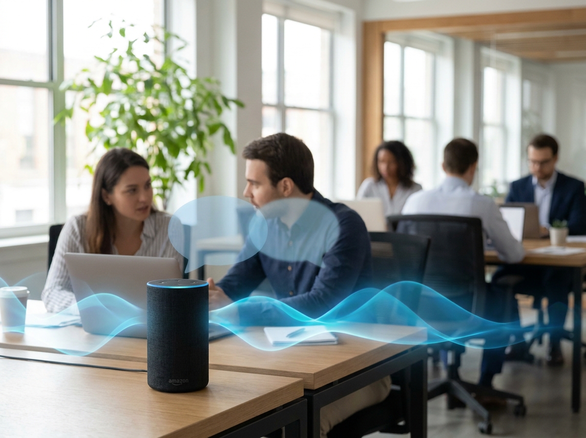 Open-plan office with an Amazon Echo speaker masking overlapping conversations with blue sound waves
